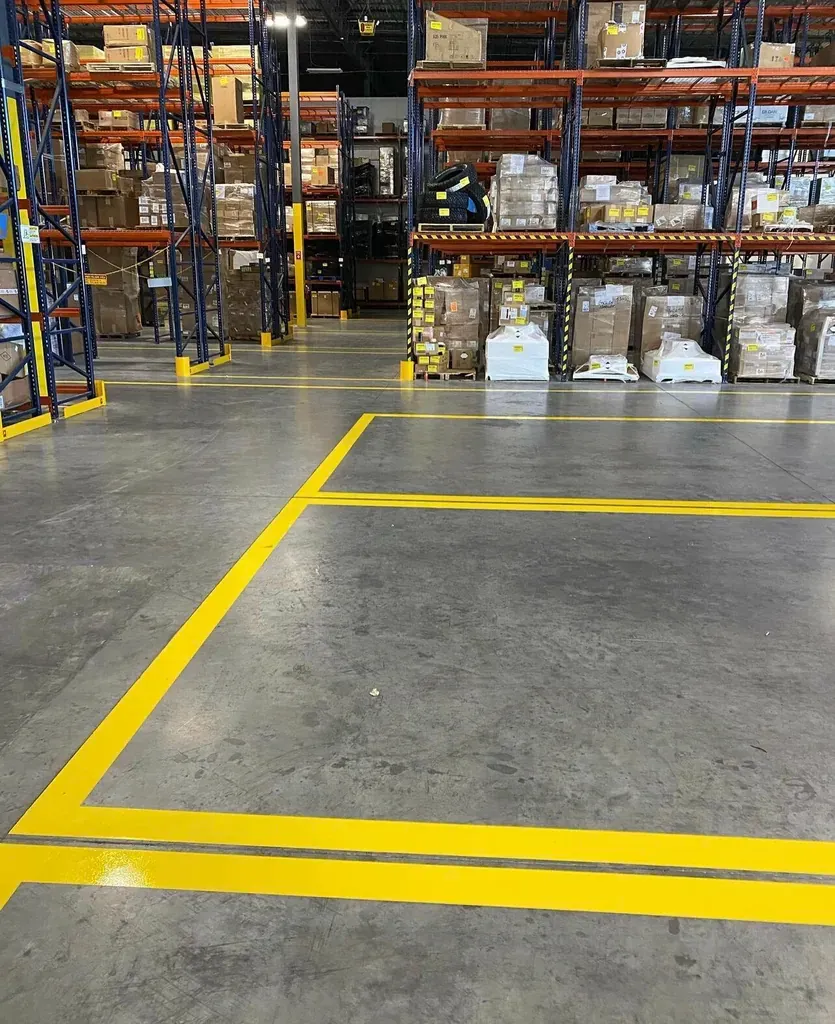 Warehouse aisle with polished concrete floor and yellow safety lane markings between tall storage racks