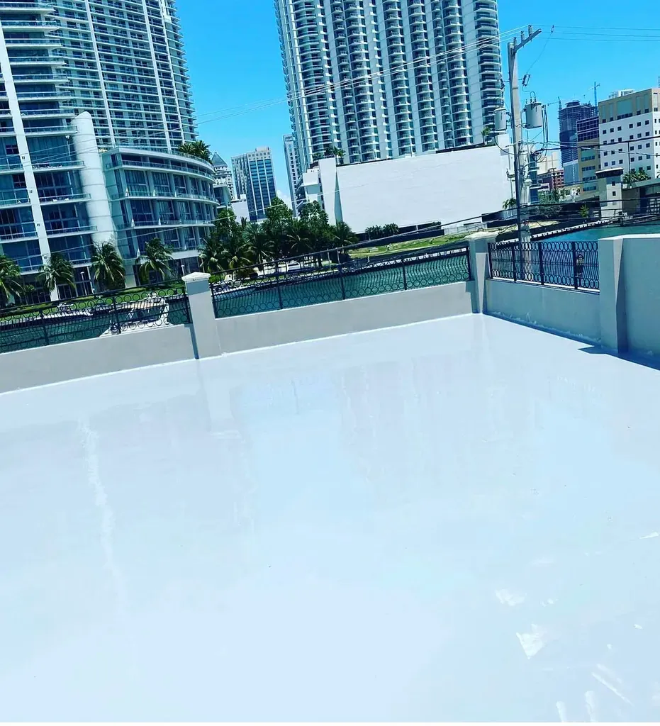 White waterproof coated terrace overlooking the Miami skyline on a clear day